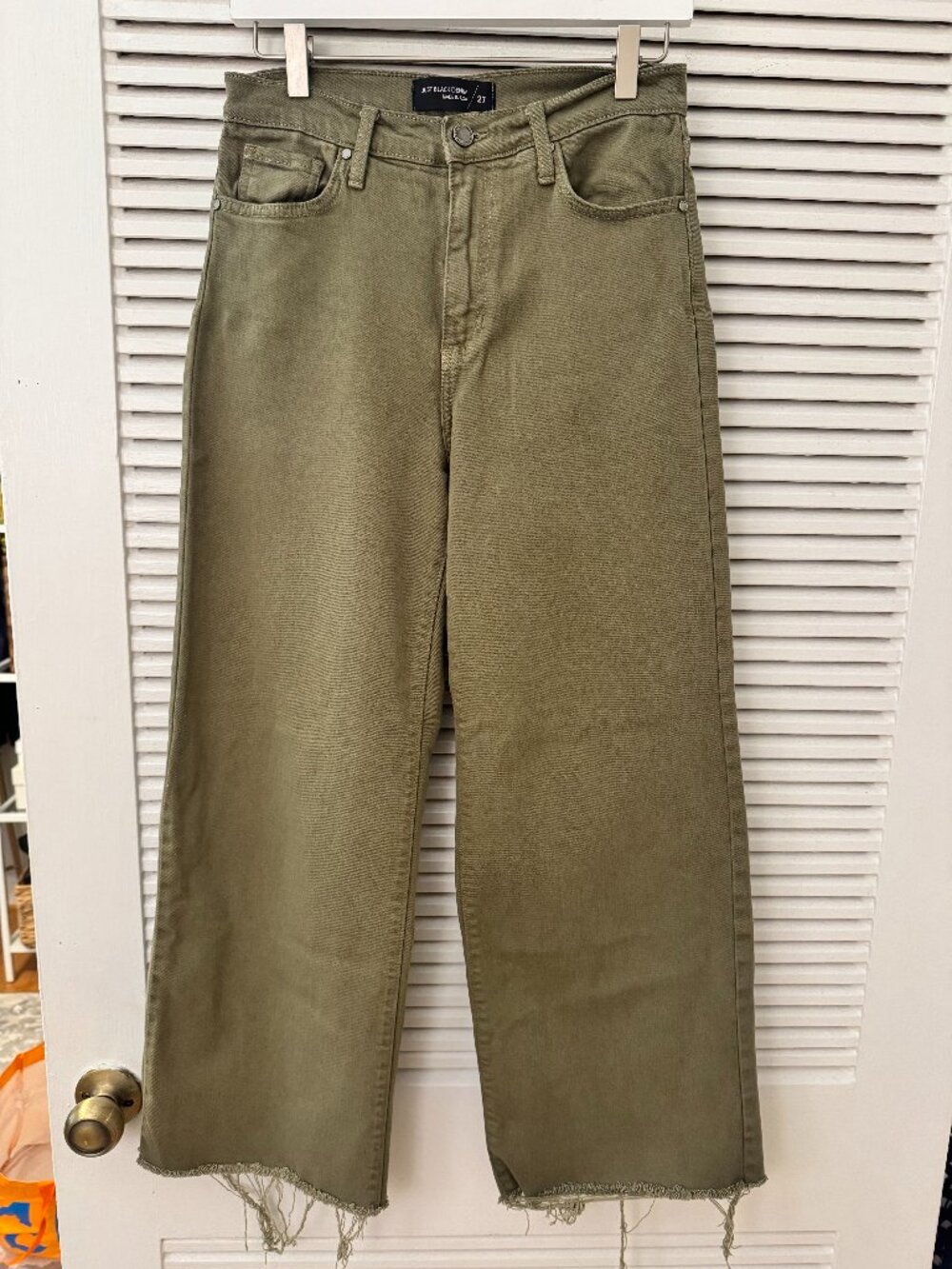 Just Black Denim Olive Green Raw Hem Wide Leg Cropped Jeans